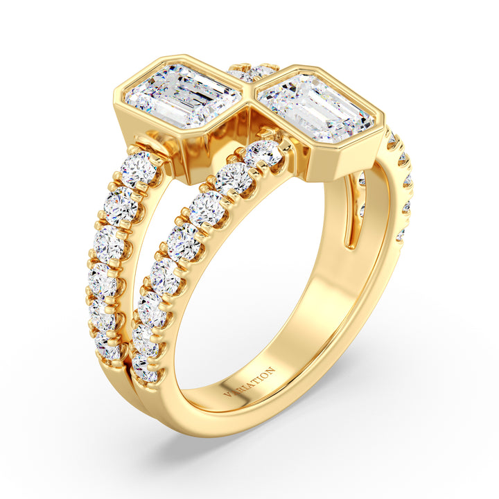Toi et Moi Emerald-Cut Lab-Grown Diamond Ring in 18K Yellow Gold featuring two bezel-set emerald-cut diamonds and a split shank pavé-set with round diamonds