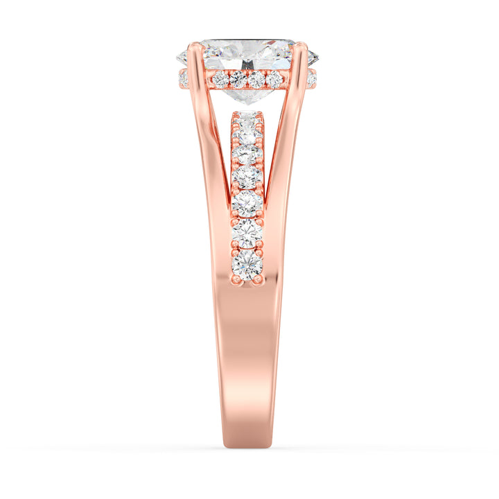 Wide Split Shank Pavé Engagement Ring in 18K Rose Gold featuring a 1.50ct Oval Lab-Grown Diamond and 0.41ct of Round Lab Diamonds in pavé setting.