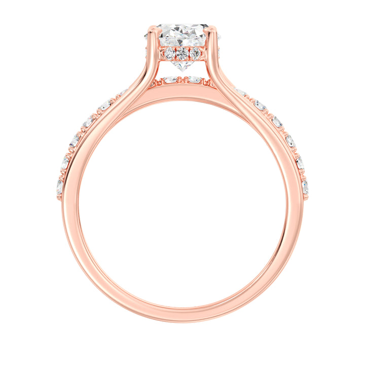 Wide Split Shank Pavé Engagement Ring in 18K Rose Gold featuring a 1.50ct Oval Lab-Grown Diamond and 0.41ct of Round Lab Diamonds in pavé setting.