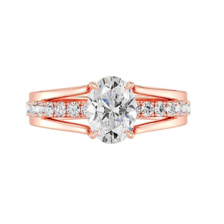 Wide Split Shank Pavé Engagement Ring in 18K Rose Gold featuring a 1.50ct Oval Lab-Grown Diamond and 0.41ct of Round Lab Diamonds in pavé setting.