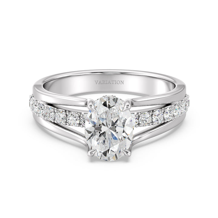 Wide Split Shank Pavé Engagement Ring in 18K White Gold with a 1.50ct Oval Lab-Grown Diamond and pavé-set Round Diamonds totaling 0.41ct.