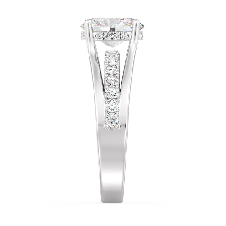 Wide Split Shank Pavé Engagement Ring in 18K White Gold with a 1.50ct Oval Lab-Grown Diamond and pavé-set Round Diamonds totaling 0.41ct.
