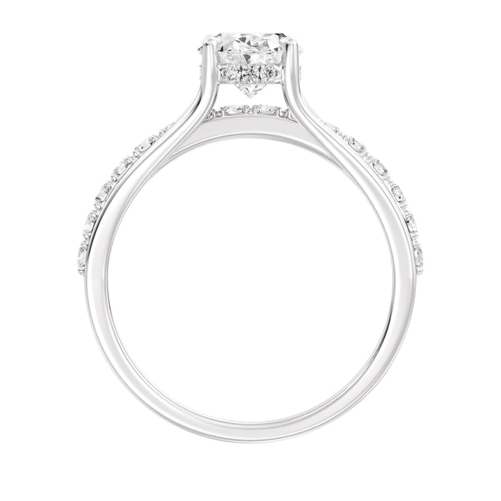 Wide Split Shank Pavé Engagement Ring in 18K White Gold with a 1.50ct Oval Lab-Grown Diamond and pavé-set Round Diamonds totaling 0.41ct.