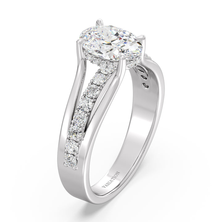 Wide Split Shank Pavé Engagement Ring in 18K White Gold with a 1.50ct Oval Lab-Grown Diamond and pavé-set Round Diamonds totaling 0.41ct.