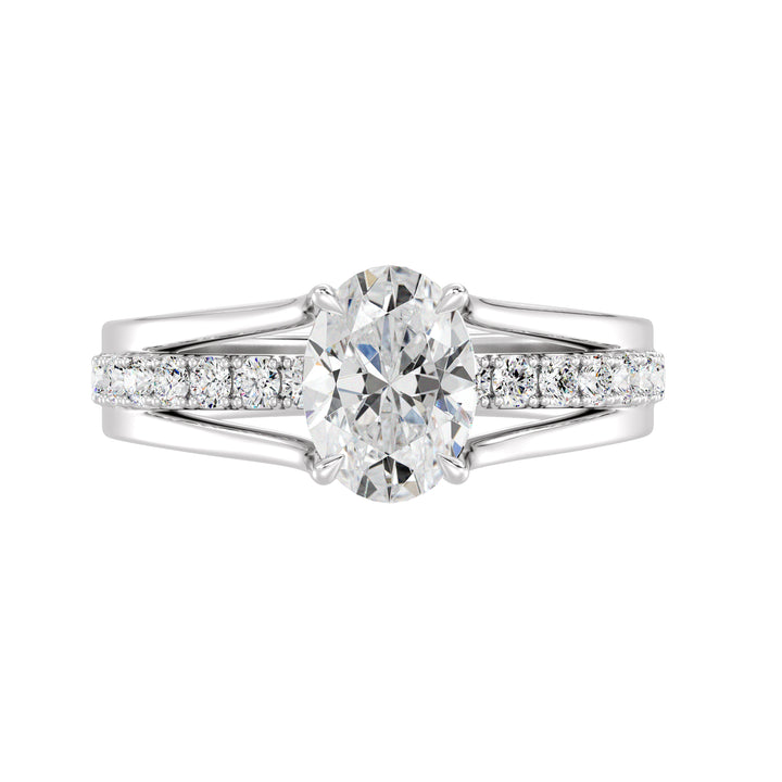 Wide Split Shank Pavé Engagement Ring in 18K White Gold with a 1.50ct Oval Lab-Grown Diamond and pavé-set Round Diamonds totaling 0.41ct.