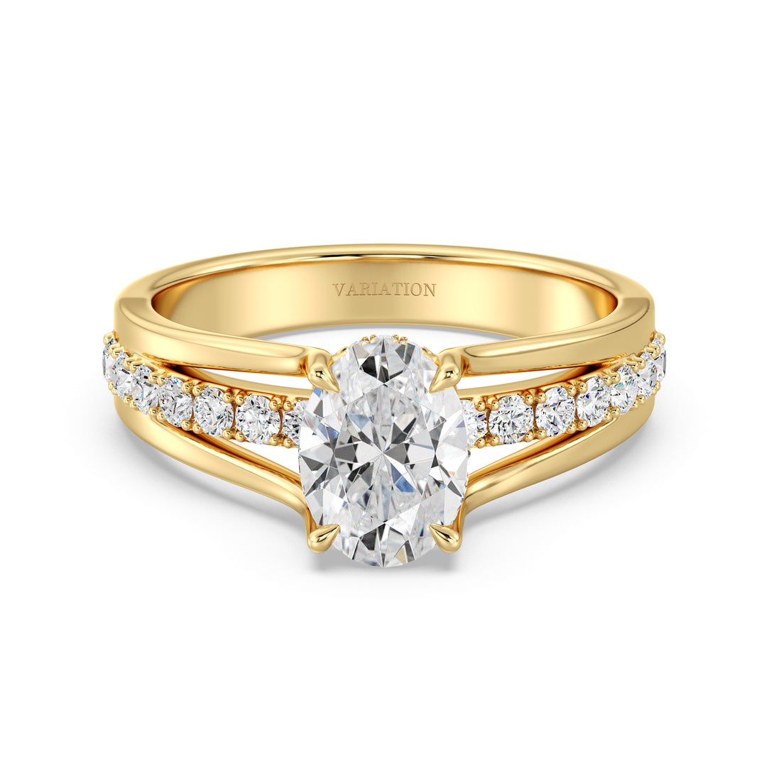Wide Split Shank Pavé Engagement Ring in 18K Yellow Gold with 1.50ct Oval Lab-Grown Diamond and 30 Round Lab Diamonds totaling 0.41ct.