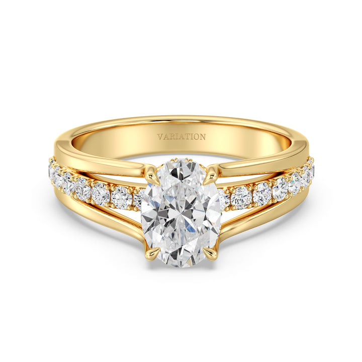 Wide Split Shank Pavé Engagement Ring in 18K Yellow Gold with 1.50ct Oval Lab-Grown Diamond and 30 Round Lab Diamonds totaling 0.41ct.