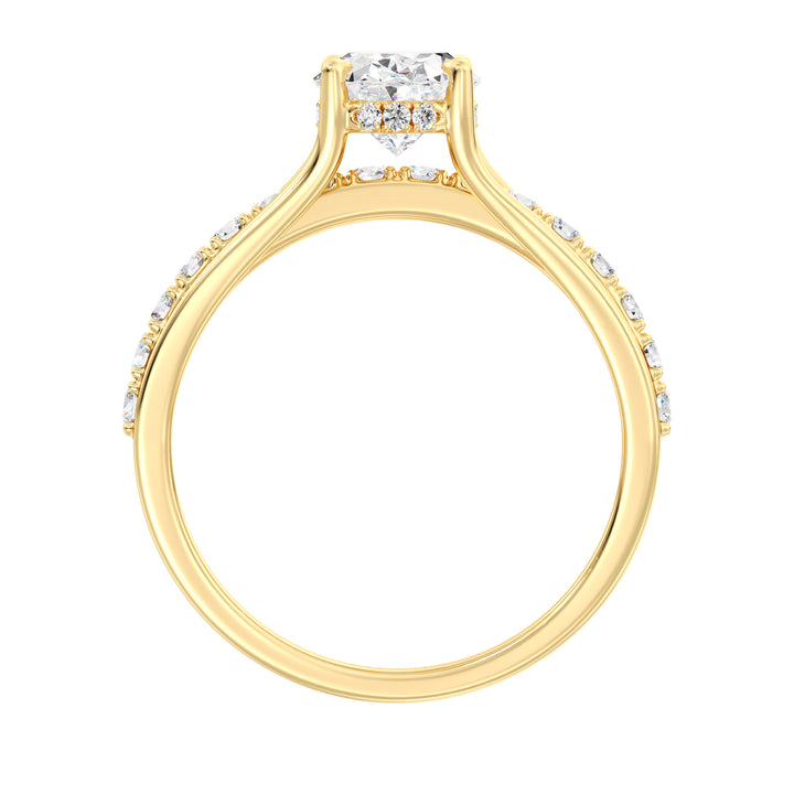 Wide Split Shank Pavé Engagement Ring in 18K Yellow Gold with 1.50ct Oval Lab-Grown Diamond and 30 Round Lab Diamonds totaling 0.41ct.
