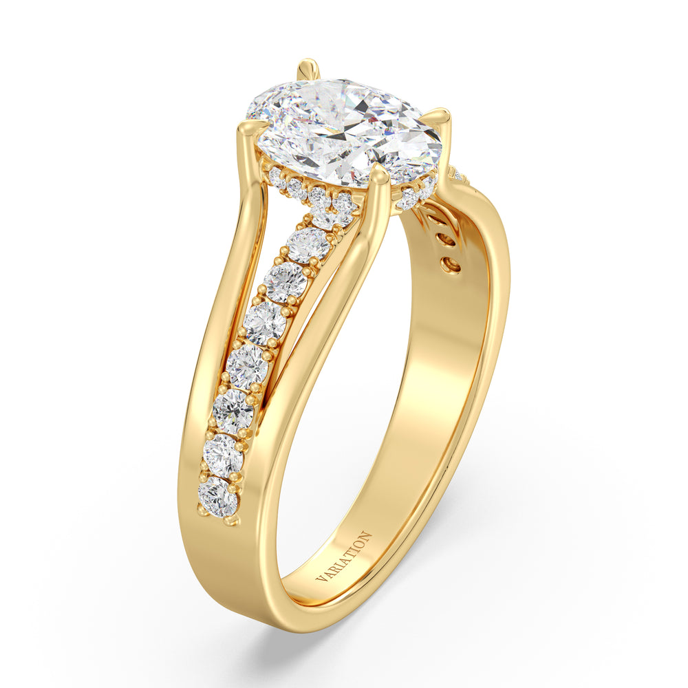 Wide Split Shank Pavé Engagement Ring in 18K Yellow Gold with 1.50ct Oval Lab-Grown Diamond and 30 Round Lab Diamonds totaling 0.41ct.