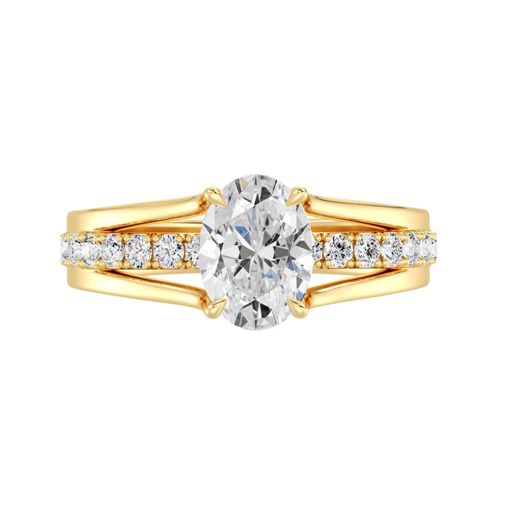 Wide Split Shank Pavé Engagement Ring in 18K Yellow Gold with 1.50ct Oval Lab-Grown Diamond and 30 Round Lab Diamonds totaling 0.41ct.