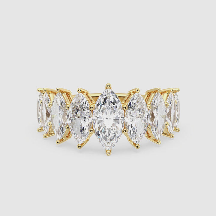 Marquise Cut Lab-Grown Diamond Half Eternity Engagement Ring in 18K Yellow Gold featuring a 1.00ct EF/VS center stone and graduated side marquise diamonds totaling 3.06ct, set in a shared prong setting