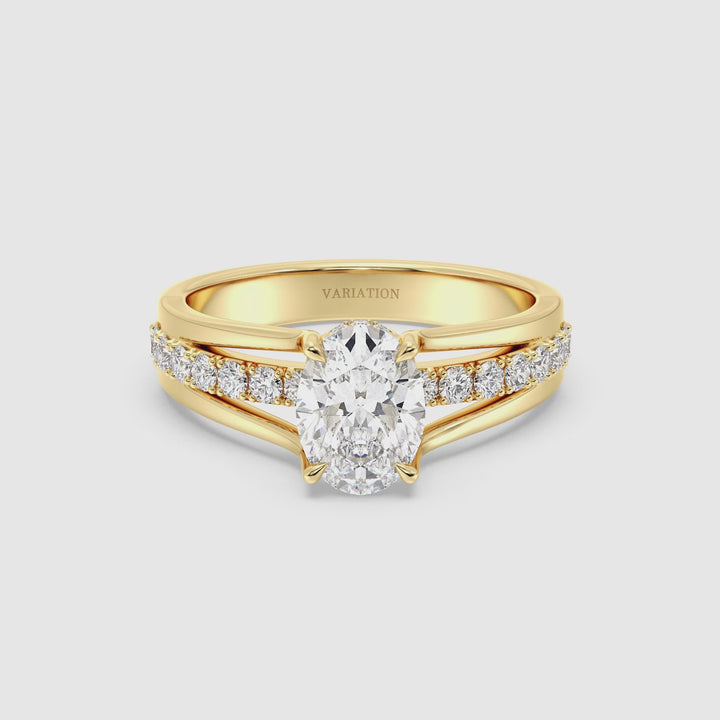 360° view of a Wide Split Shank Pavé Engagement Ring in 18K Yellow Gold, featuring a 1.50ct Oval Cut Lab-Grown Diamond at the center with 30 round-cut lab diamonds (0.41ct total) set along the split shank. The yellow gold band adds warmth and contrast to the brilliant, colorless EF/VS diamonds.
