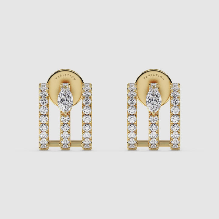 Video showcasing the Elegant 3-Line Half Hoop Earrings in 18KT Yellow Gold with Lab-Grown Diamonds, featuring a close-up view of the sparkling round and marquise-cut stones totaling 0.68 carats, highlighting their brilliance and timeless design from multiple angles