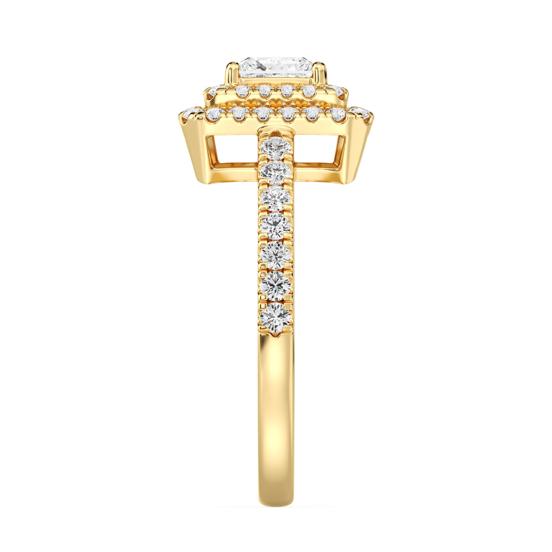 0.75 Carat Princess Cut Lab Grown Diamond Double Halo Ring in 18K Yellow Gold