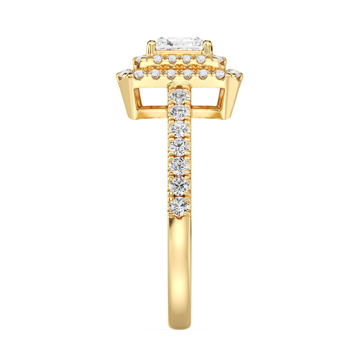 0.75 Carat Princess Cut Lab Grown Diamond Double Halo Ring in 18K Yellow Gold