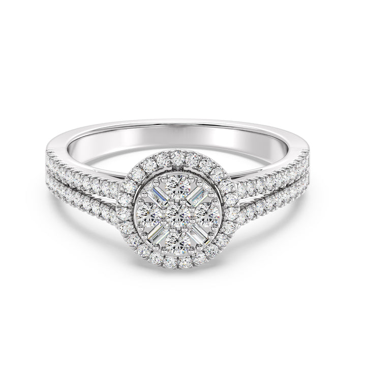 0.65 CTTW EF-VS Lab-Grown Round and Baguette Diamond Cluster Double Halo Engagement Ring in 18K White Gold