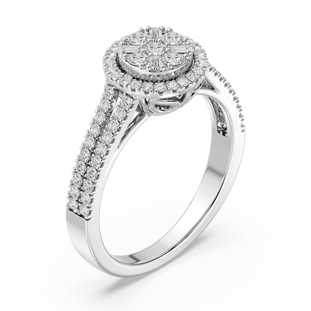 0.65 CTTW EF-VS Lab-Grown Round and Baguette Diamond Cluster Double Halo Engagement Ring in 18K White Gold