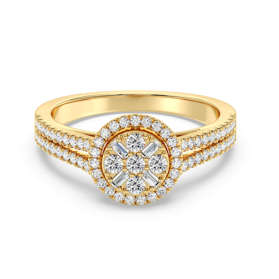 0.65 CTTW EF-VS Lab-Grown Round and Baguette Diamond Cluster Double Halo Engagement Ring in 18K Yellow Gold