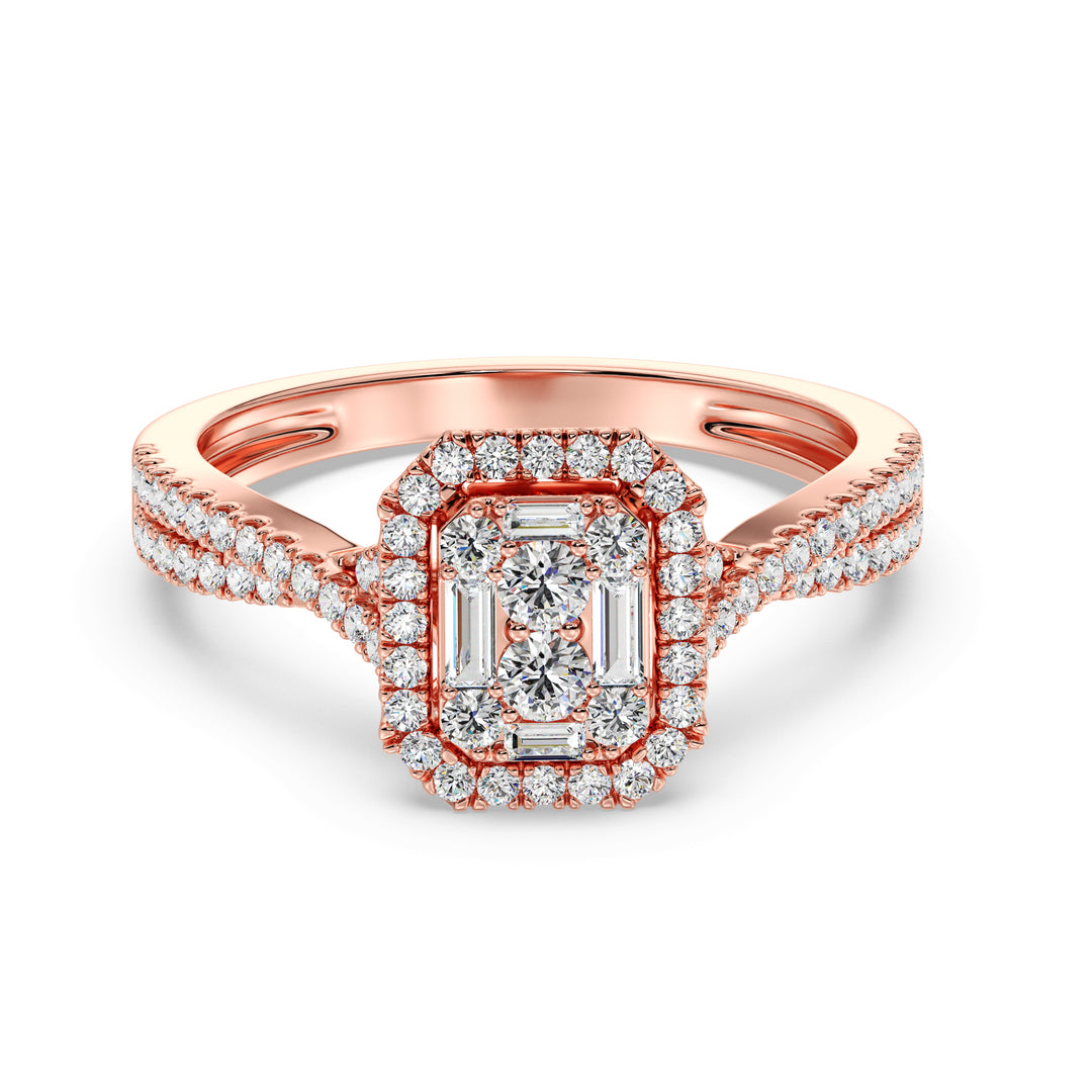 0.67 CTW Round & Baguette EF-VS Lab-Grown Diamond Emerald Cluster Halo Engagement Ring in 18K Rose Gold