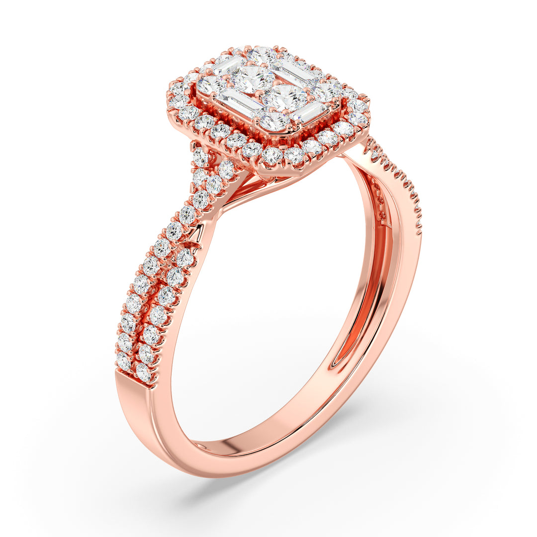 0.67 CTW Round & Baguette EF-VS Lab-Grown Diamond Emerald Cluster Halo Engagement Ring in 18K Rose Gold