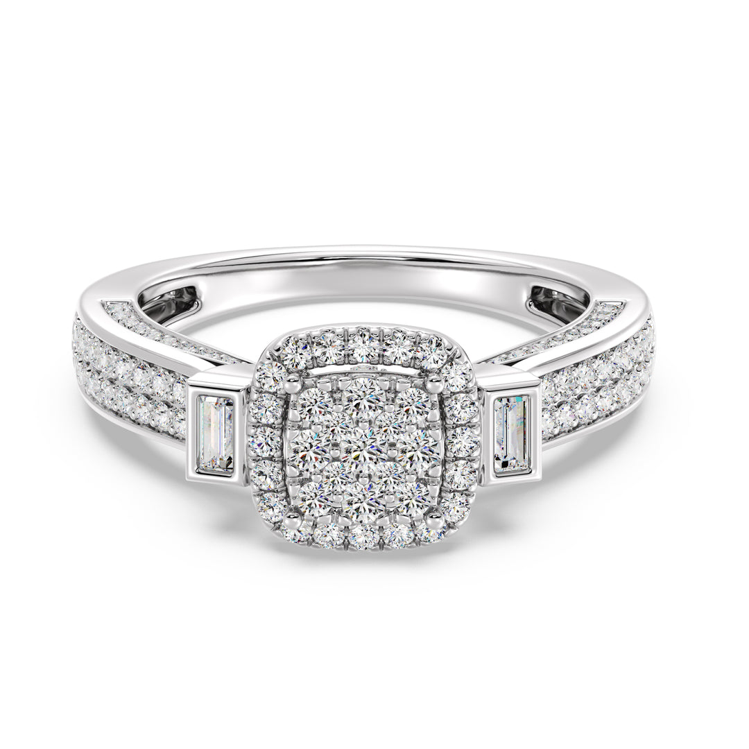 0.84 CTTW Round and Baguette EF-VS Lab-Grown Diamond Square Cluster Halo Engagement Ring in 18K White Gold, highlighting 117 lab-grown diamonds with EF color and VS clarity