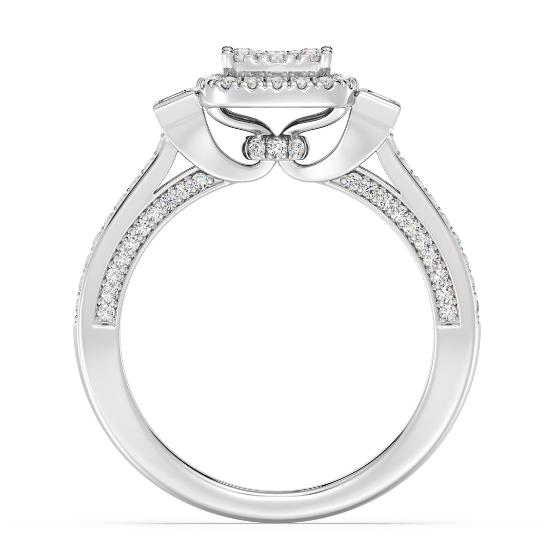 0.84 CTTW Round and Baguette EF-VS Lab-Grown Diamond Square Cluster Halo Engagement Ring in 18K White Gold, highlighting 117 lab-grown diamonds with EF color and VS clarity
