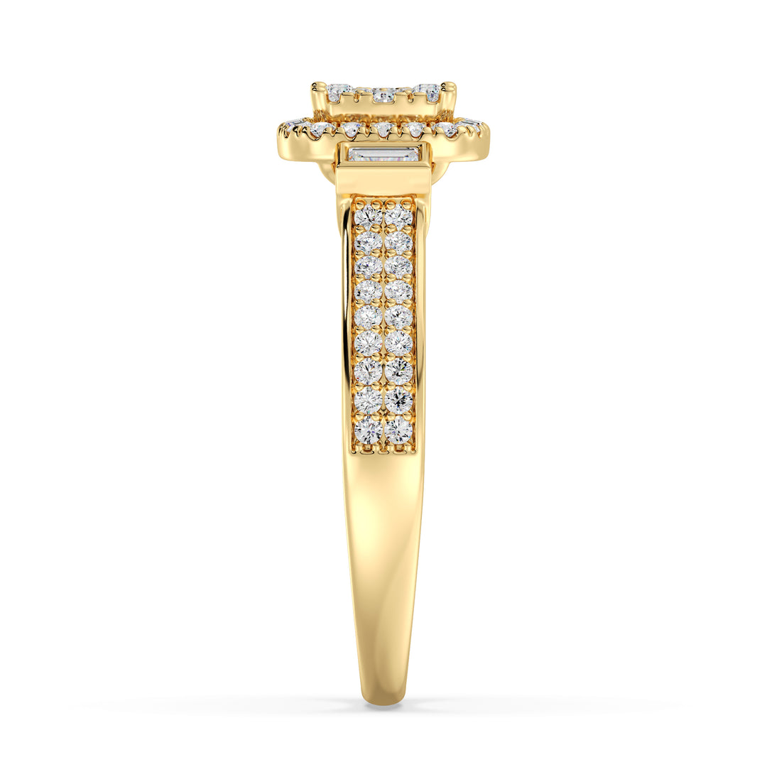 0.84 CTTW Round and Baguette EF-VS Lab-Grown Diamond Square Cluster Halo Engagement Ring in 18K Yellow Gold, showcasing 117 lab-grown diamonds with EF color and VS clarity