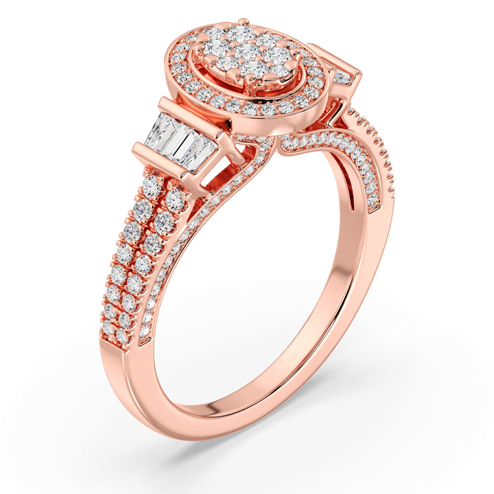 0.96 CTW Oval Halo Engagement Ring with Round and Tapered Baguette EF-VS Lab-Grown Diamonds set in Rose Gold