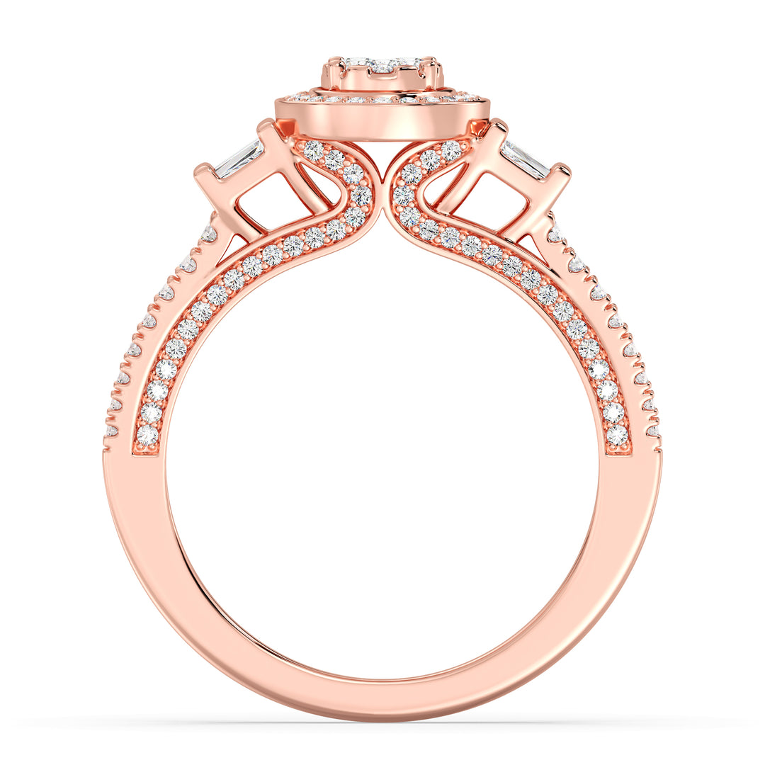 0.96 CTW Oval Halo Engagement Ring with Round and Tapered Baguette EF-VS Lab-Grown Diamonds set in Rose Gold