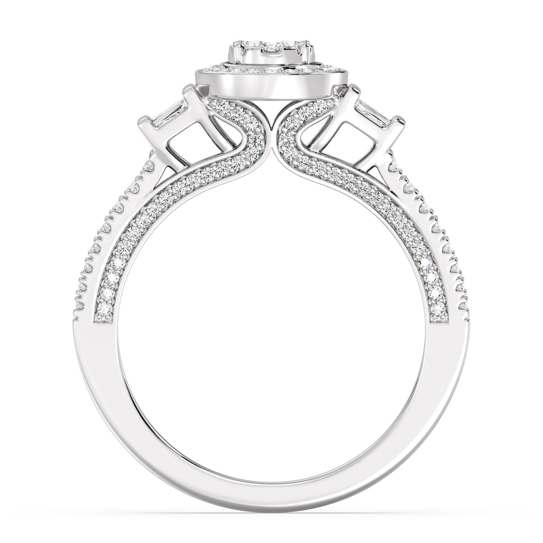 0.96 CTW Oval Halo Engagement Ring with Round and Tapered Baguette EF-VS Lab-Grown Diamonds set in White Gold