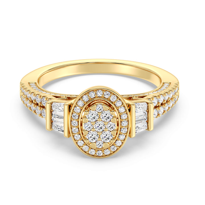 0.96 CTW Oval Halo Engagement Ring with Round and Tapered Baguette EF-VS Lab-Grown Diamonds set in Yellow Gold