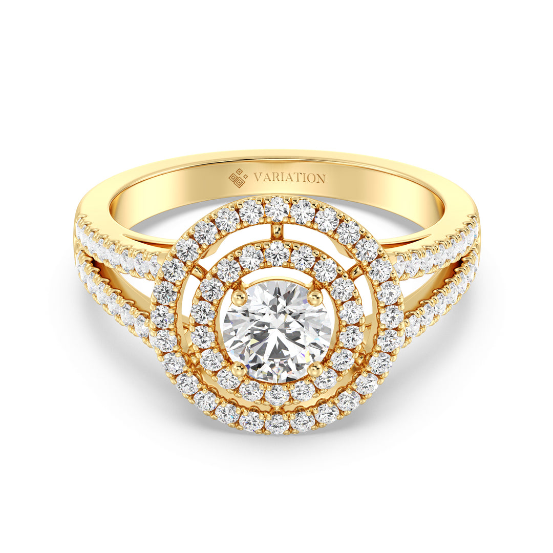 1.12 CTW Round Lab Grown Diamond Double Halo Ring in 18K Yellow Gold