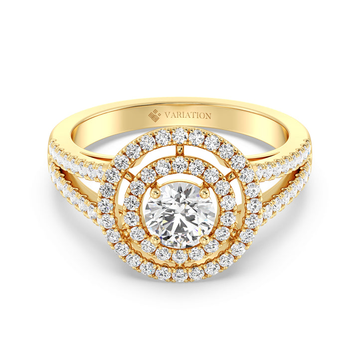 1.12 CTW Round Lab Grown Diamond Double Halo Ring in 18K Yellow Gold