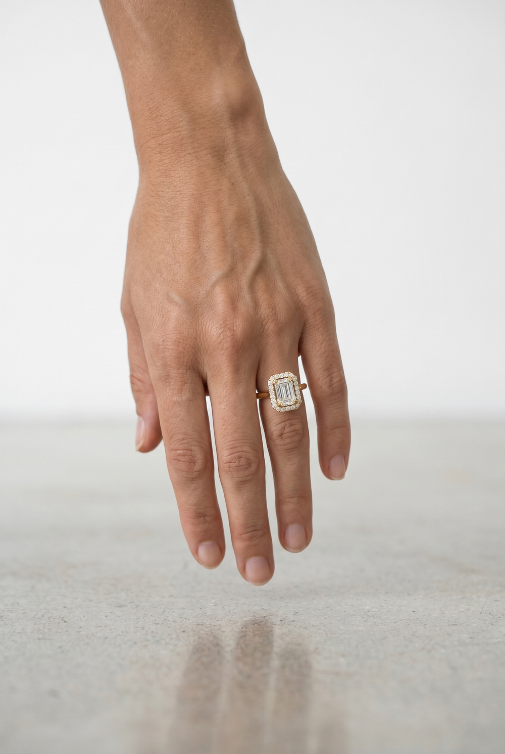 1.16 CTW Emerald Cut Lab Grown Diamond Halo Ring in 18K Yellow Gold