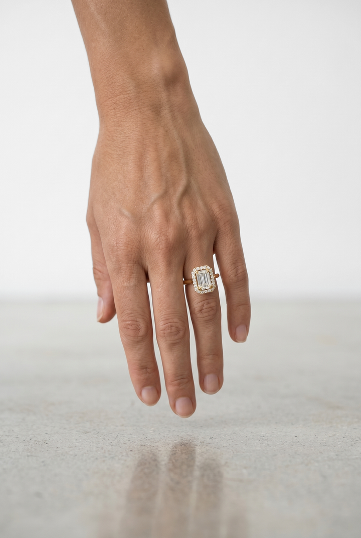 1.16 CTW Emerald Cut Lab Grown Diamond Halo Ring in 18K Yellow Gold