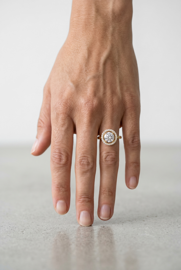 1.20 CTW Round Lab Grown Diamond Halo Ring in 18K Yellow Gold
