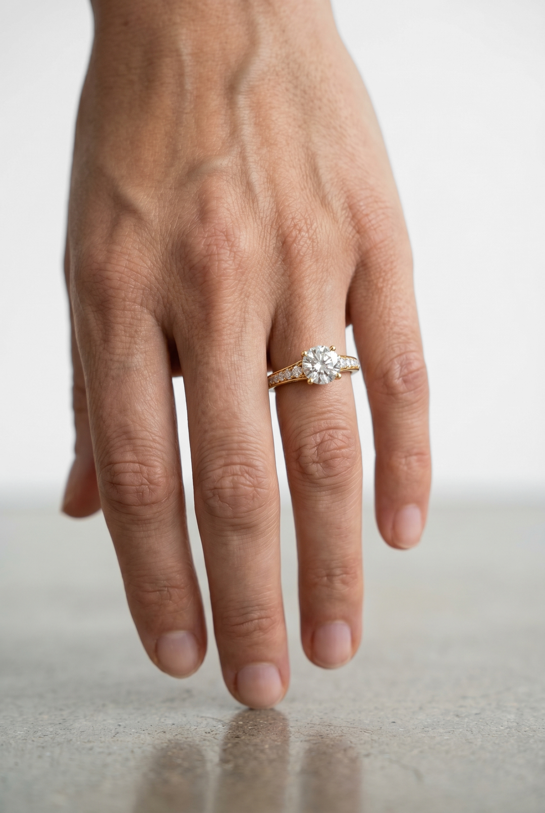 1.21 CTW Round Lab Grown Diamond Ring with Tapered Graduated Accents in 18K Yellow Gold