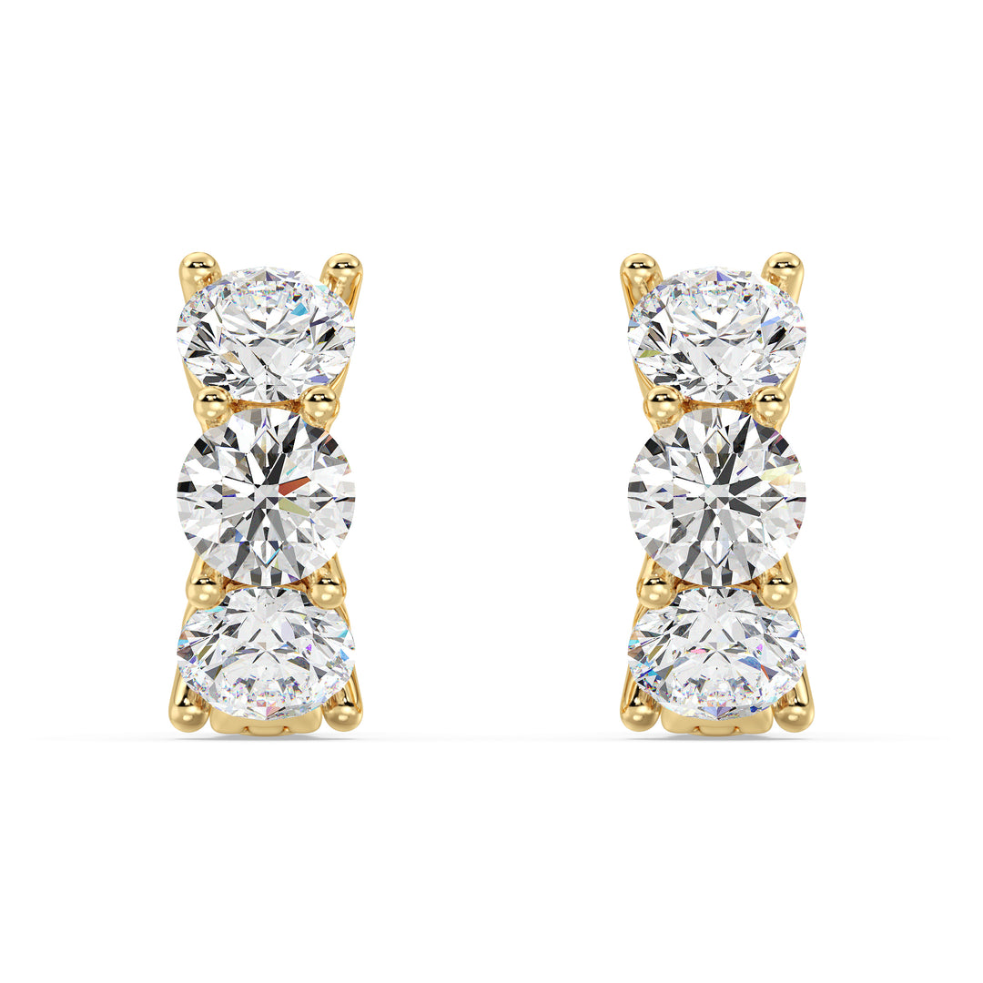 1.38 Carat Round Lab Grown Diamond 3 Stone Huggie Earrings in 18K Yellow Gold