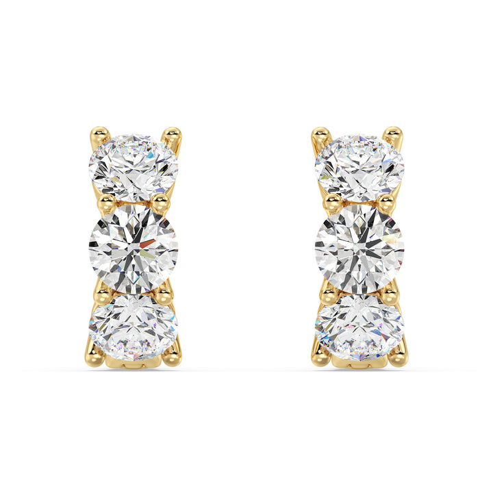 1.38 Carat Round Lab Grown Diamond 3 Stone Huggie Earrings in 18K Yellow Gold
