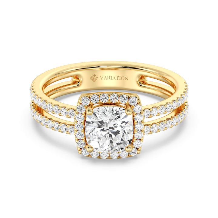 1.40 CTW Cushion Lab Grown Diamond Halo Ring with Double Shank in 18K Yellow Gold