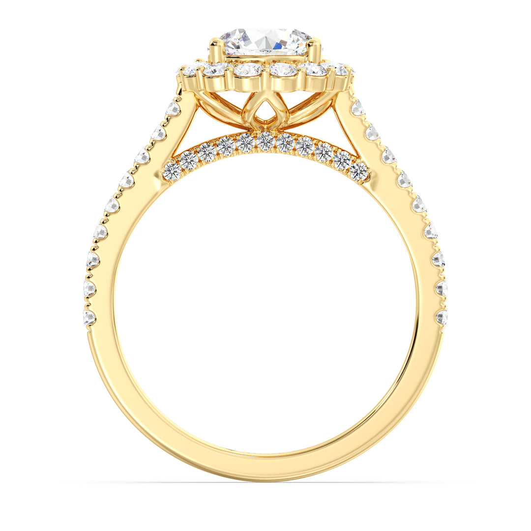 1.75 CTW Round Lab Grown Diamond Ring with Scalloped Halo and Pavé Shank in Yellow Gold