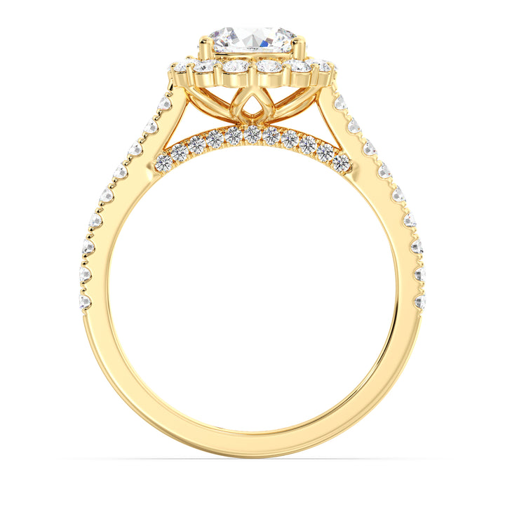 1.75 CTW Round Lab Grown Diamond Ring with Scalloped Halo and Pavé Shank in Yellow Gold