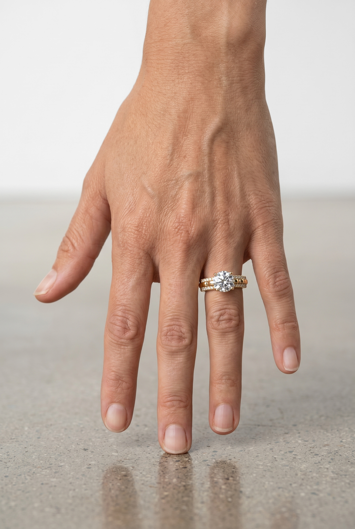 1.76 CTW Round Lab Grown Diamond Ring with Double Pavé Diamond Band in 18K Yellow Gold