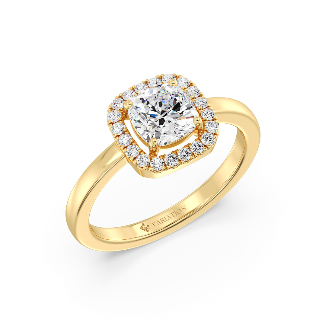 1 Carat Cushion Cut Lab Grown Diamond Halo Ring in 18K Yellow Gold