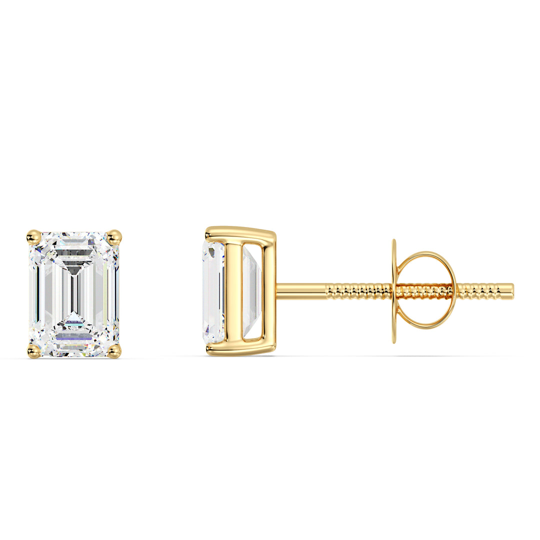 1 Carat Emerald Cut Lab Grown Diamond Stud Earrings in 18K Yellow Gold