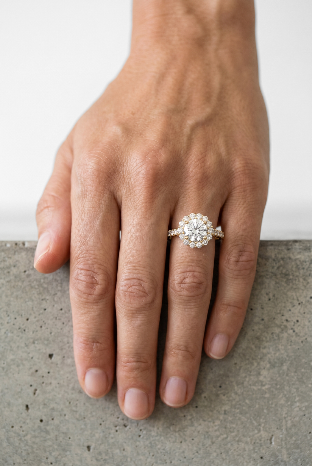 1 Carat Round Lab Grown Diamond Halo Ring with Pavé Shank in Yellow Gold