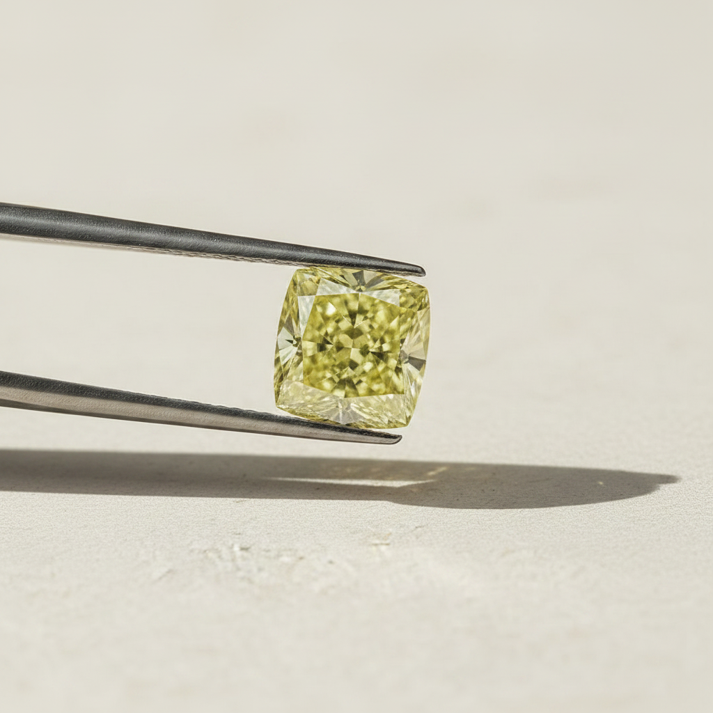 1,13 karaats kussen gemodificeerde lab-grown diamant, VS1/fancy intens geel