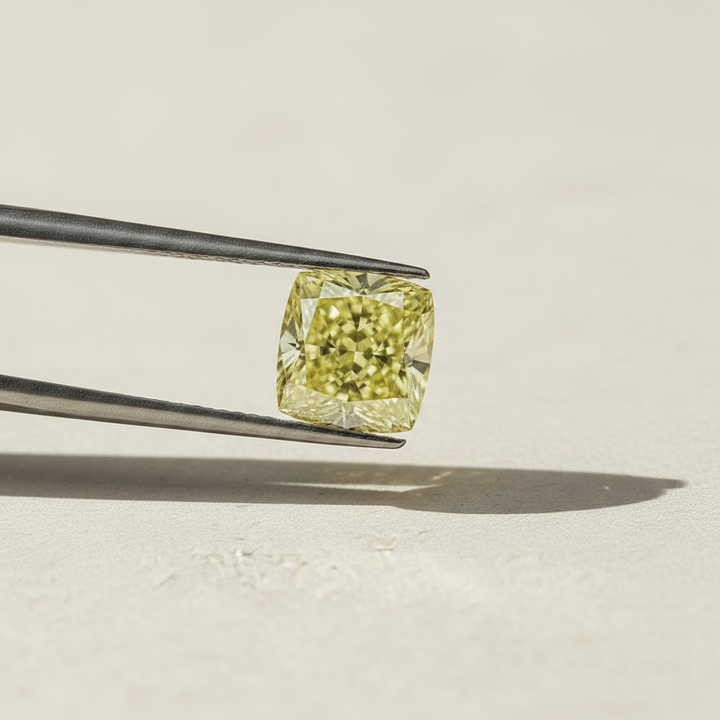 1,13 karaats kussen gemodificeerde lab-grown diamant, VS1/fancy intens geel