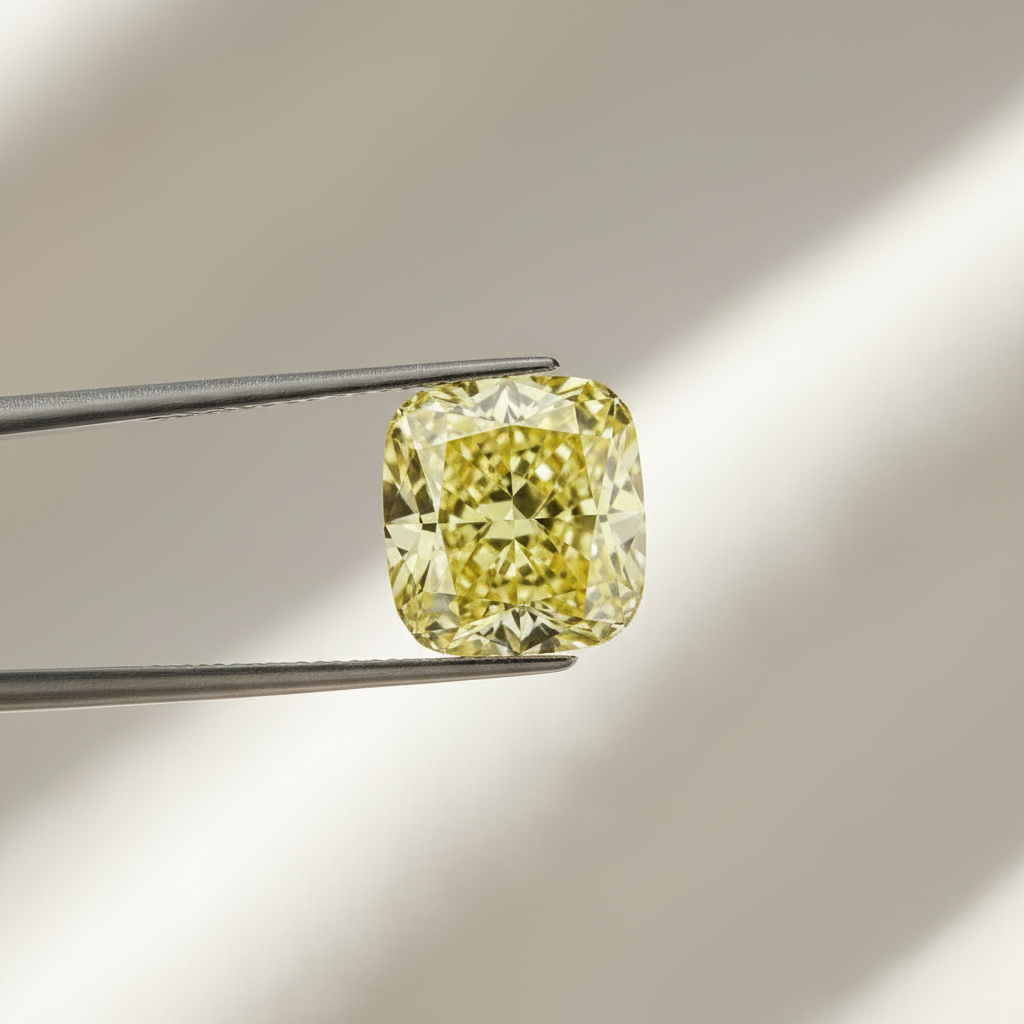 1,14 karaats kussen gemodificeerde laboratoriumgekweekte diamant, VS1/Fancy intens geel