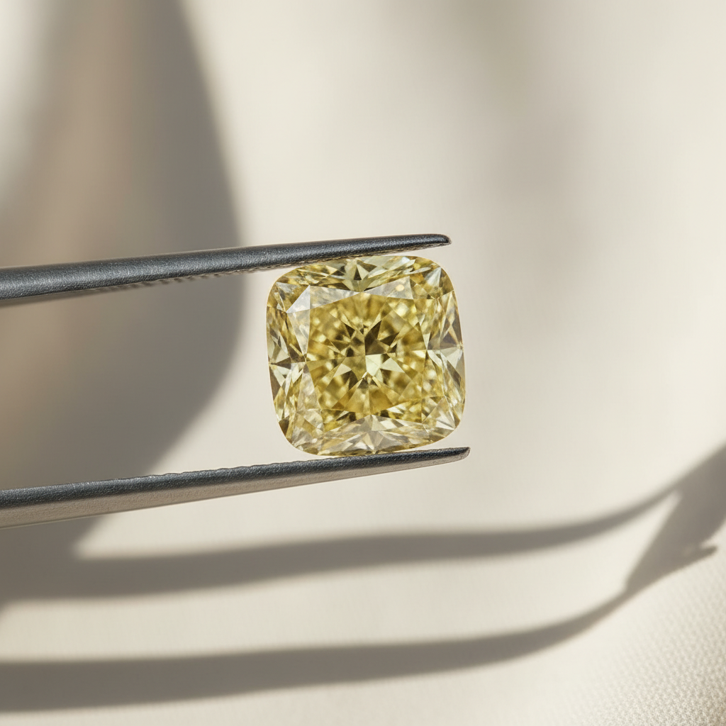 1,20 karaat kussen gemodificeerde lab-grown diamant, VS2/fancy intens geel